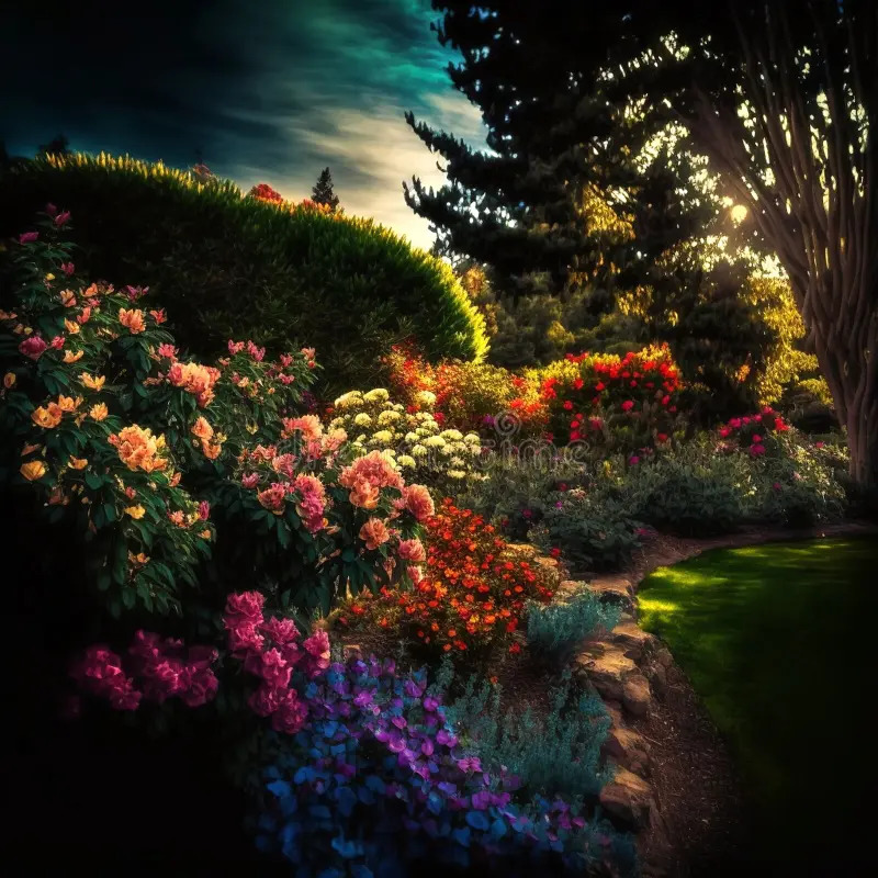 Colorful garden with vibrant flowers, stone path, and sunlight streaming through trees in dramatic sky