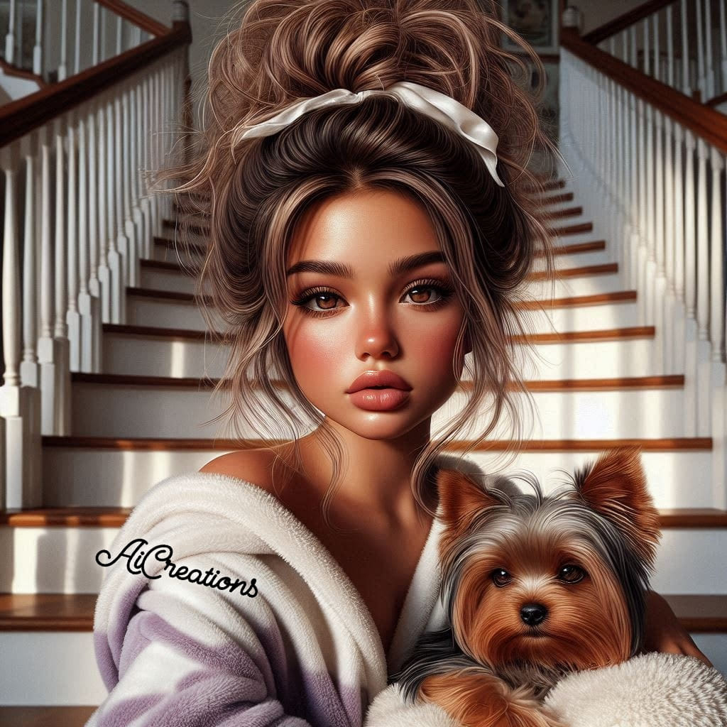 Woman in white robe holding small brown Yorkshire Terrier dog in modern home interior