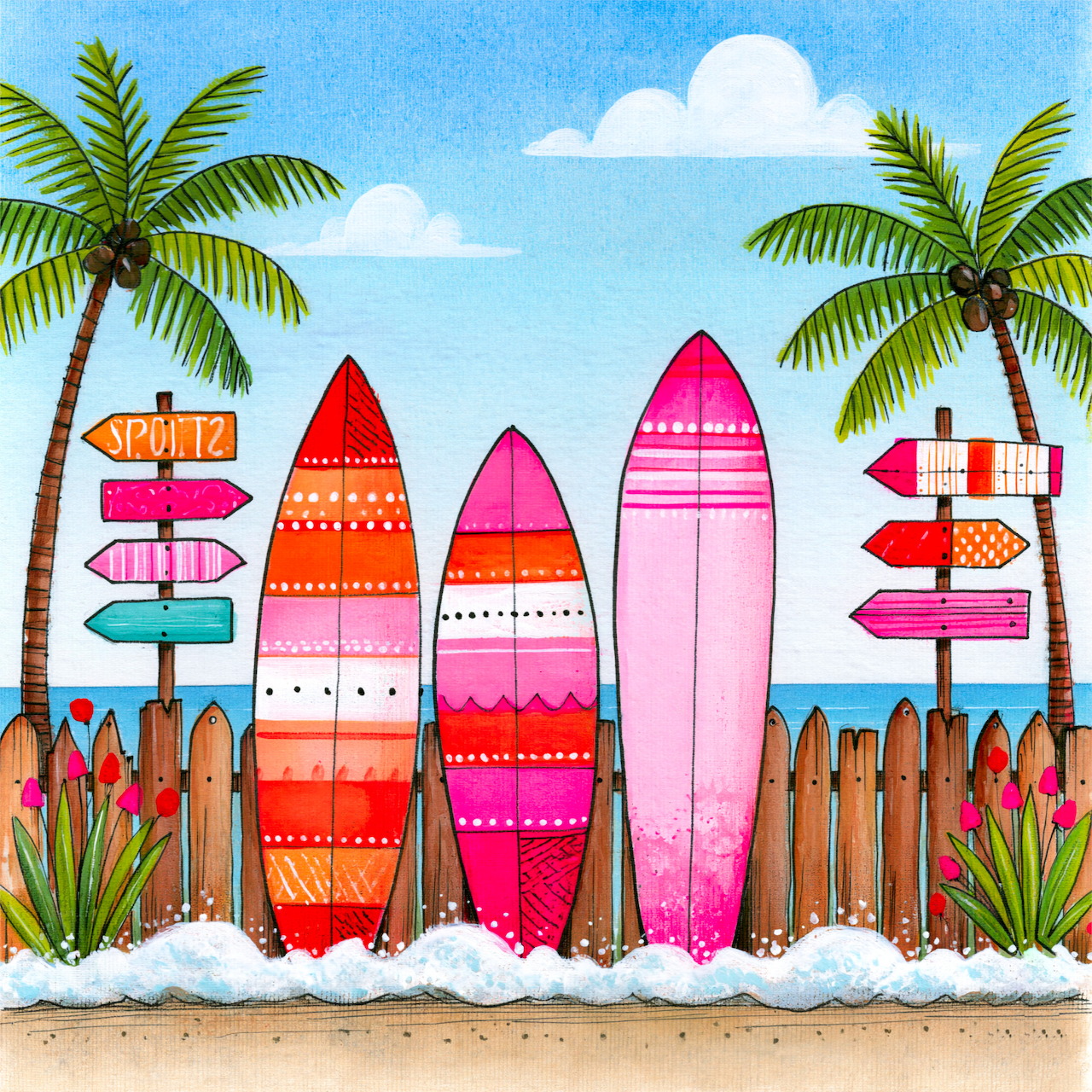 Three colorful surfboards standing on a tropical beach with palm trees and wooden fence