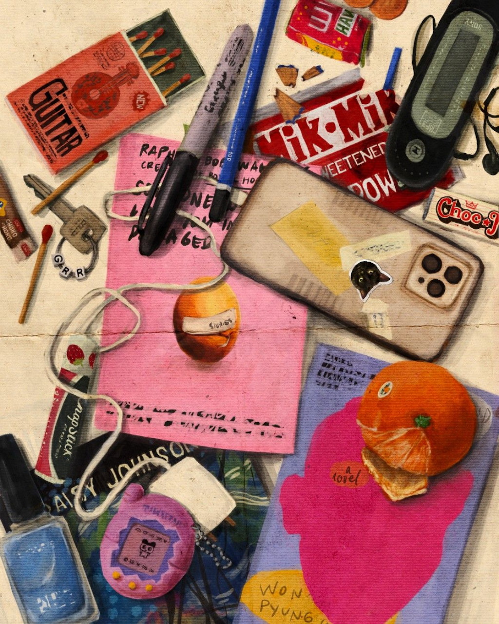 Painting of scattered everyday objects including phone, markers, candy wrappers, nail polish, keys, and an orange on pink background