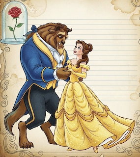 Illustration of Belle in a yellow dress dancing with the Beast in a blue coat, enchanted rose in corner