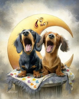 Two dachshund puppies howling on a blanket with a smiling crescent moon behind them
