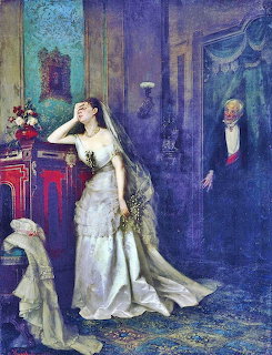 Bride in white dress standing in elegant room with blue curtains and man in background, 1879 painting