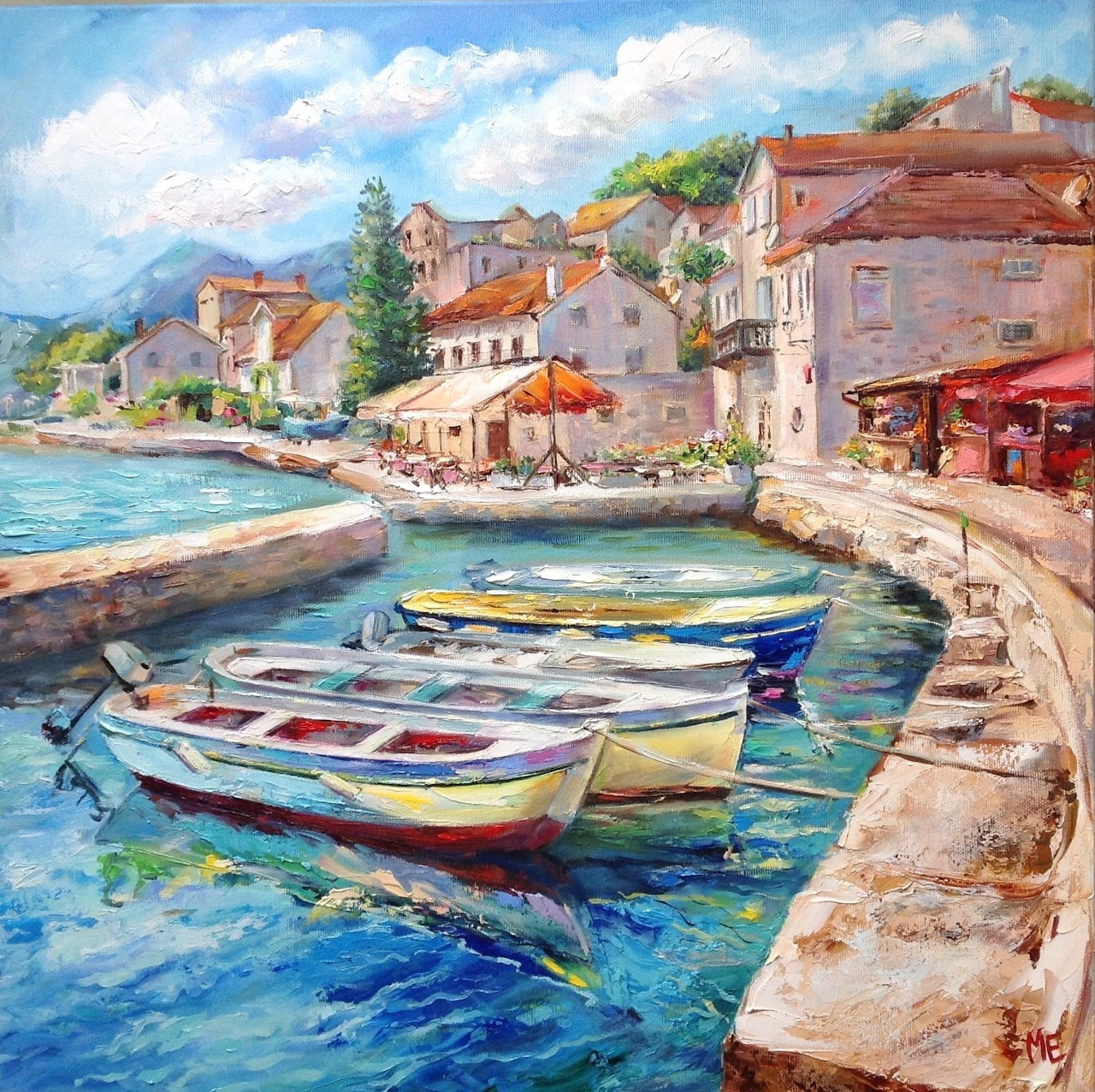 Painting of colorful boats docked at a sunny Mediterranean harbor with old buildings and blue water