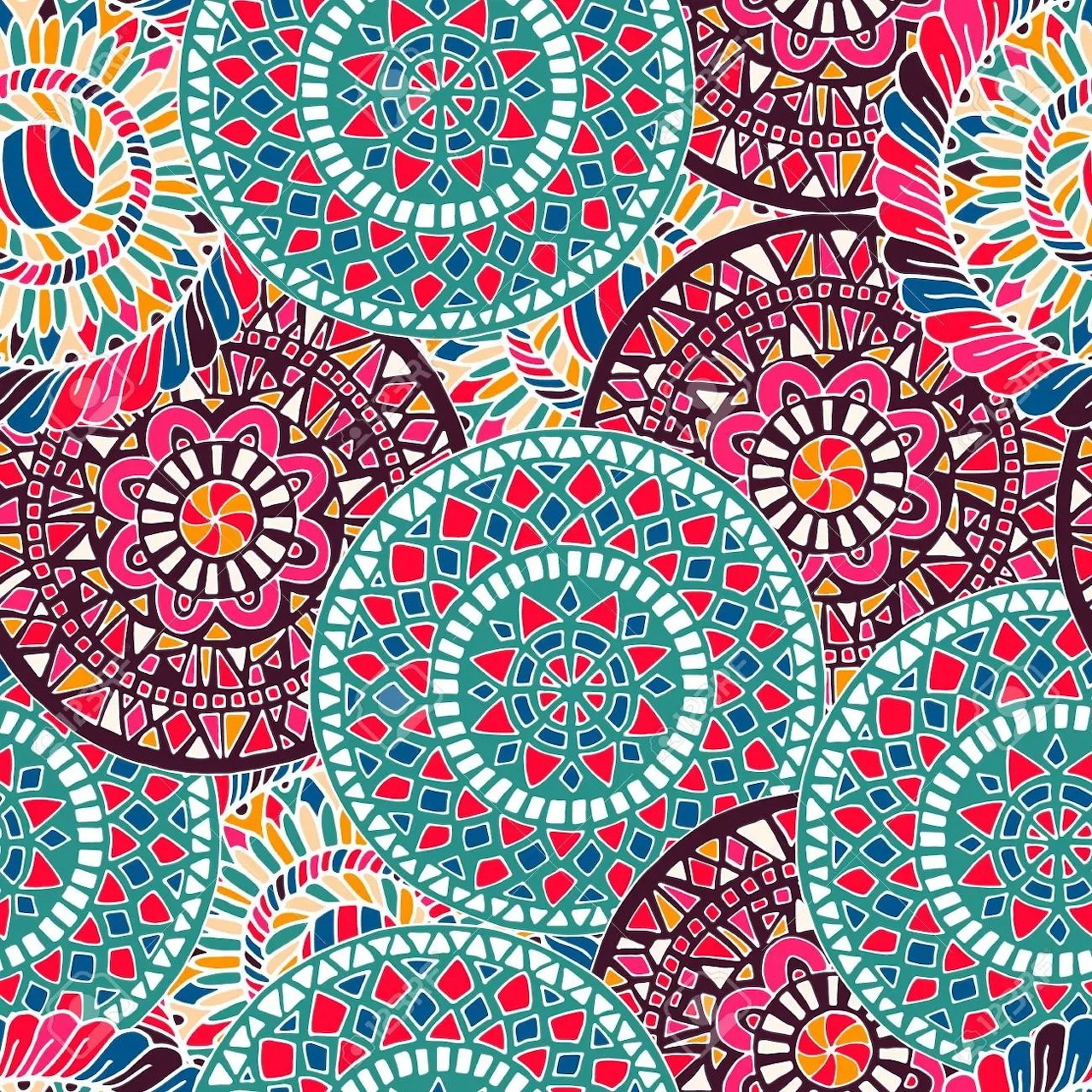 Colorful overlapping mandala circles with intricate geometric patterns in pink, turquoise, red and yellow
