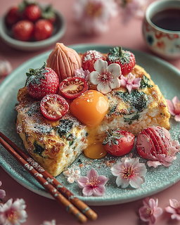 Decorated cake with strawberries, meringues, and edible flowers on turquoise plate