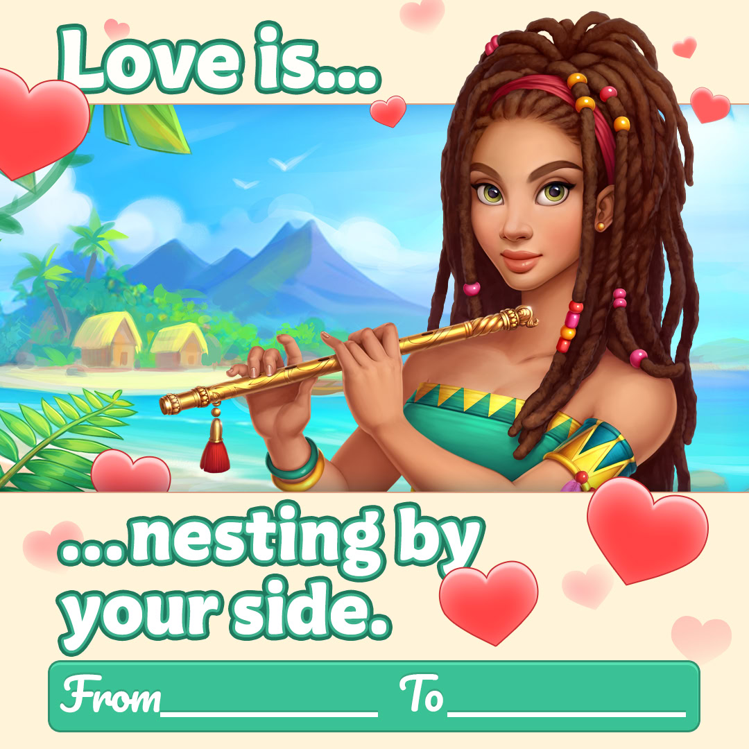 Illustrated girl playing a flute with hearts and romantic text in a tropical scene