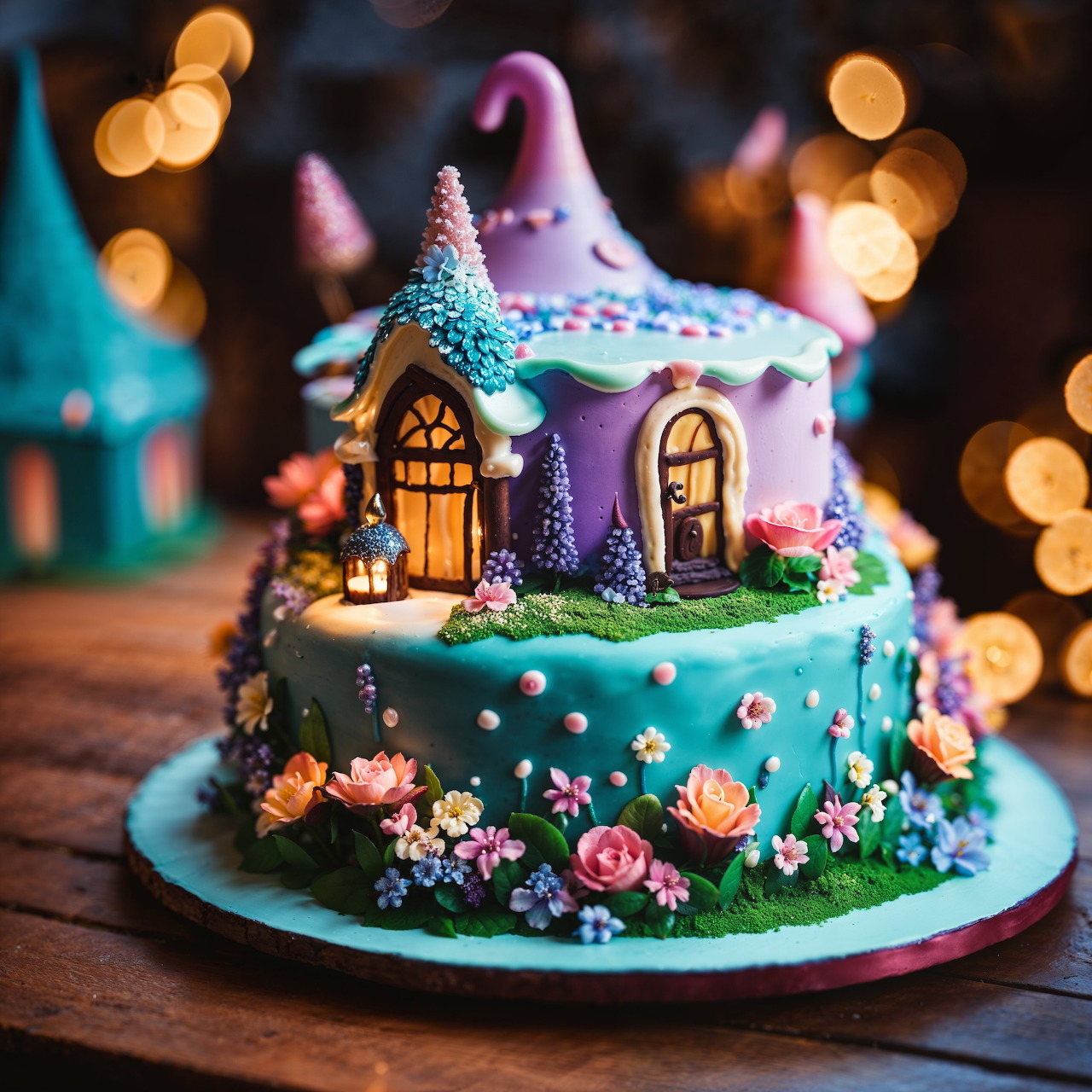 Pastel fairy house cake with flowers, tiny doors, and whimsical icing details