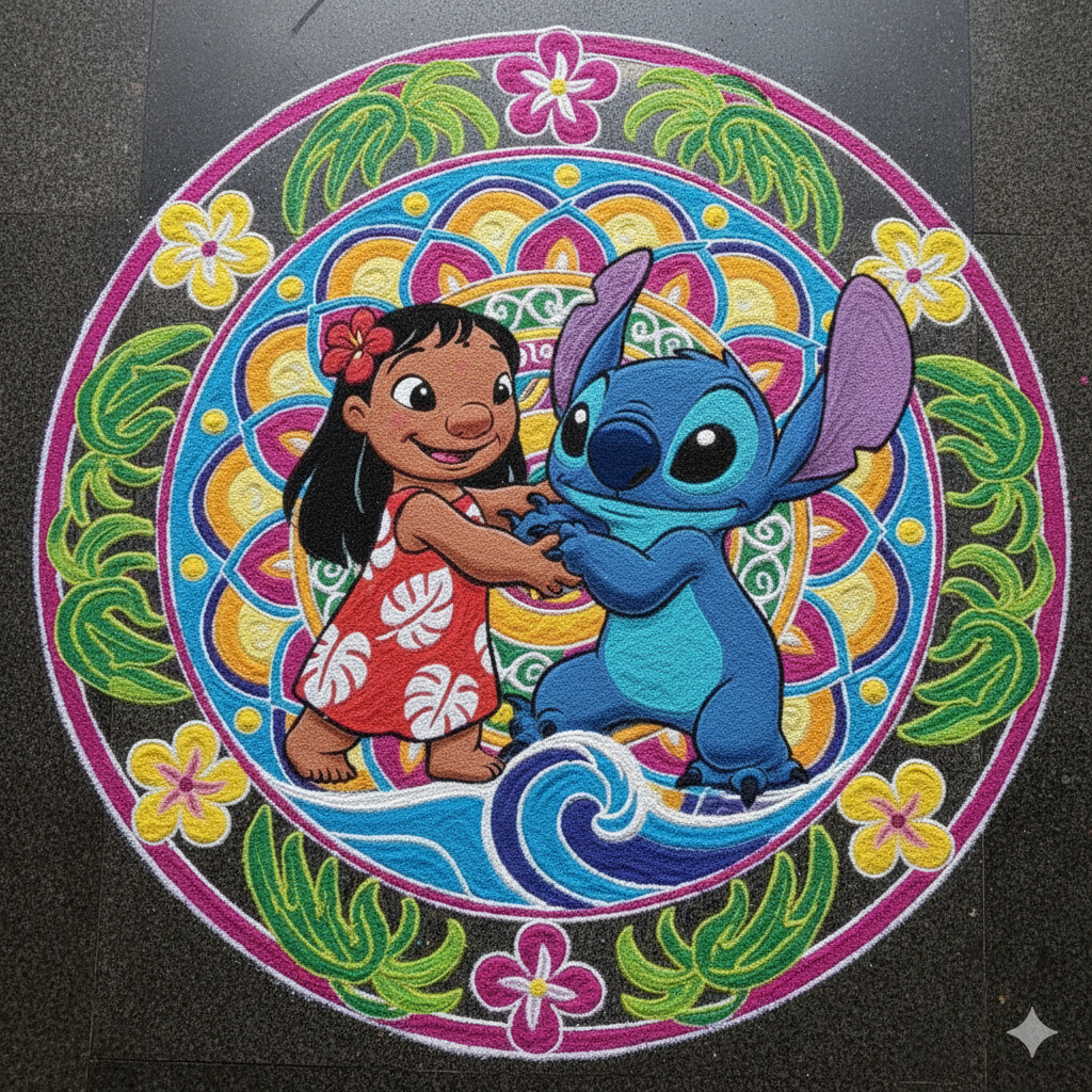 Circular rangoli mandala with Lilo and Stitch characters in the center, surrounded by tropical flowers and geometric patterns