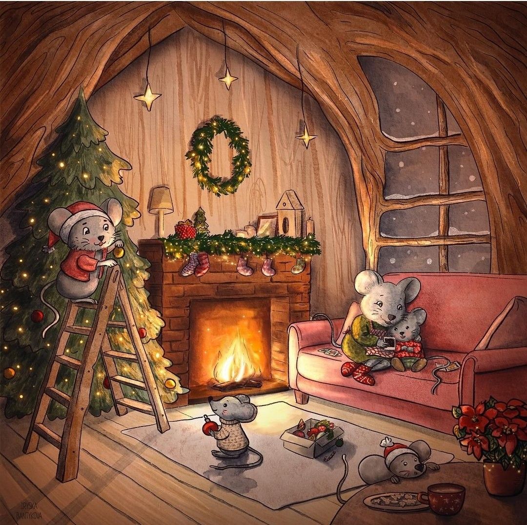 Illustrated mice decorating a Christmas tree by a fireplace in a cozy wooden cottage room