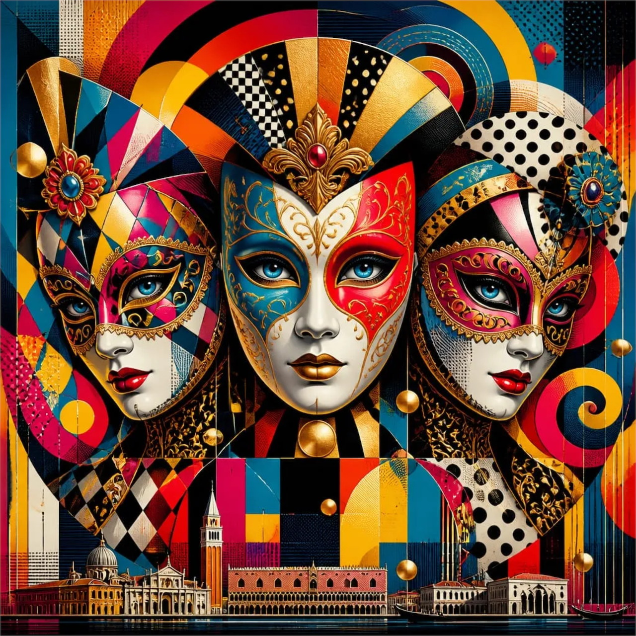 Three ornate masquerade faces in a colorful abstract geometric illustration