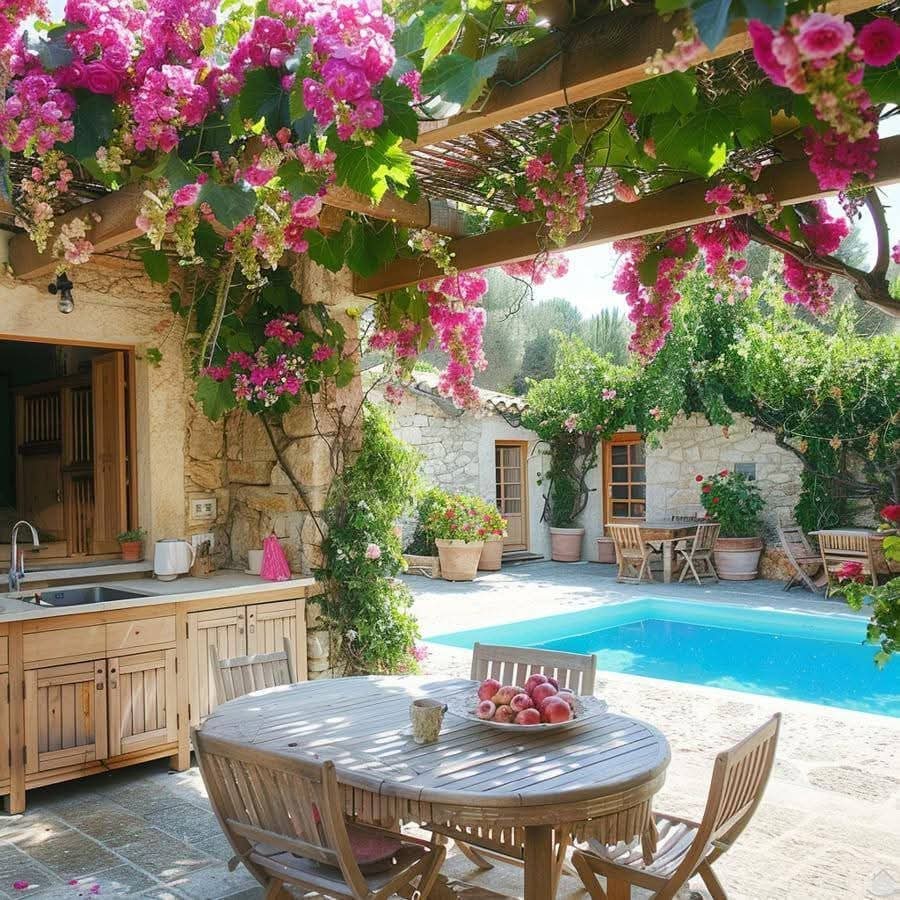 Sunny patio with wooden table, swimming pool, and pink bougainvillea hanging over a rustic courtyard