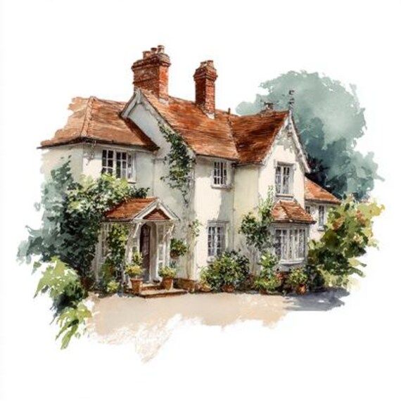 Watercolor painting of a white British cottage with orange tiled roof and lush garden