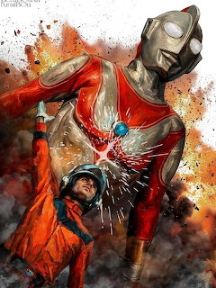 Illustration of a giant silver and red superhero with a person in an orange suit in smoky flames