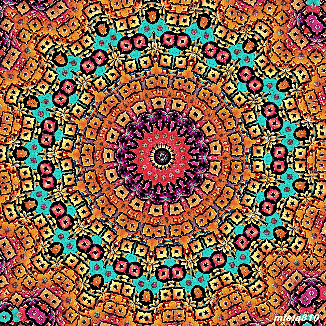 Colorful circular mandala with intricate geometric patterns in turquoise, orange, yellow, and pink radiating from center