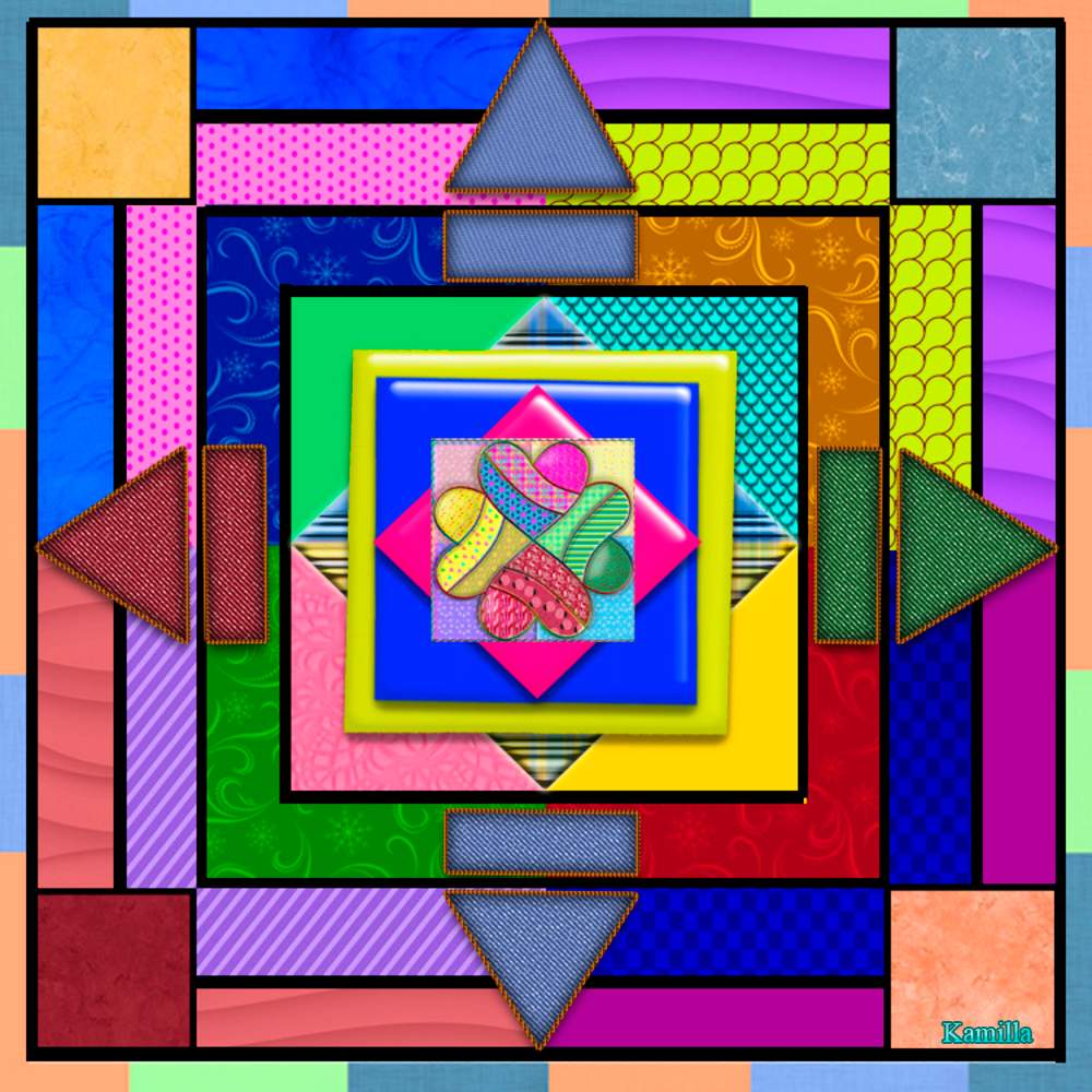 Colorful geometric mandala with layered squares, diamond center, and patterned mosaic border in bright colors