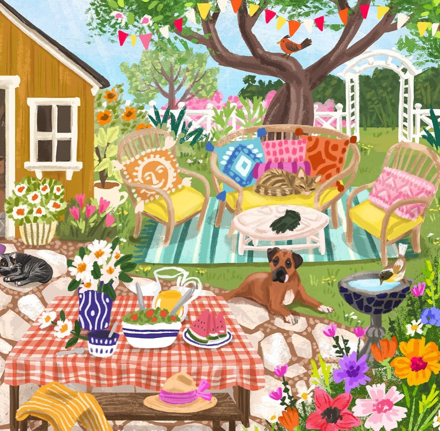 Illustrated garden picnic scene with food table, grill, colorful bunting, flowers, and sunny backyard setting