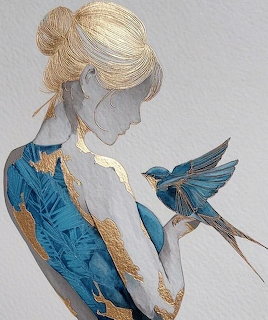 Illustrated woman with gold hair and blue leaf patterns on her back, holding a teal swallow bird
