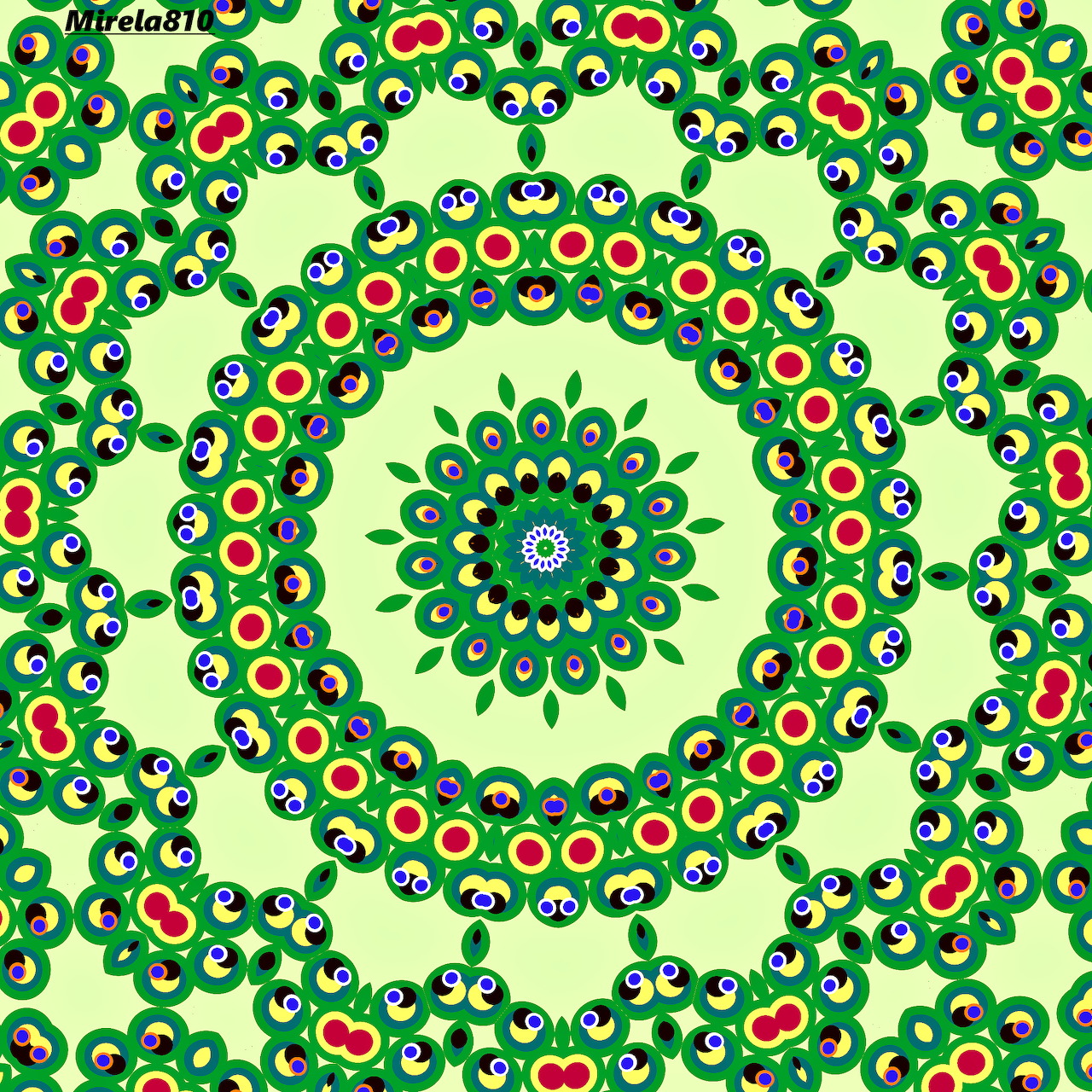 Symmetrical mandala pattern with green ornate circles and red accents on light green background