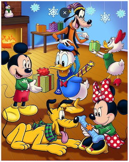 Disney characters exchanging Christmas gifts by a fireplace with snowflakes and festive decorations
