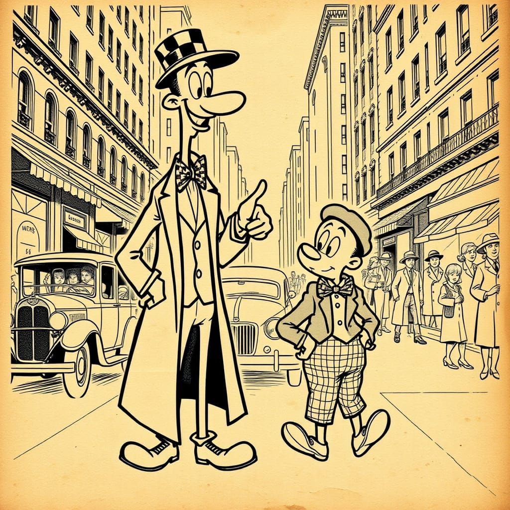 Vintage cartoon characters walking on a city street with old cars and buildings
