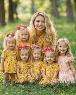 Woman with six young girls in yellow floral dresses and pink bows posing outdoors