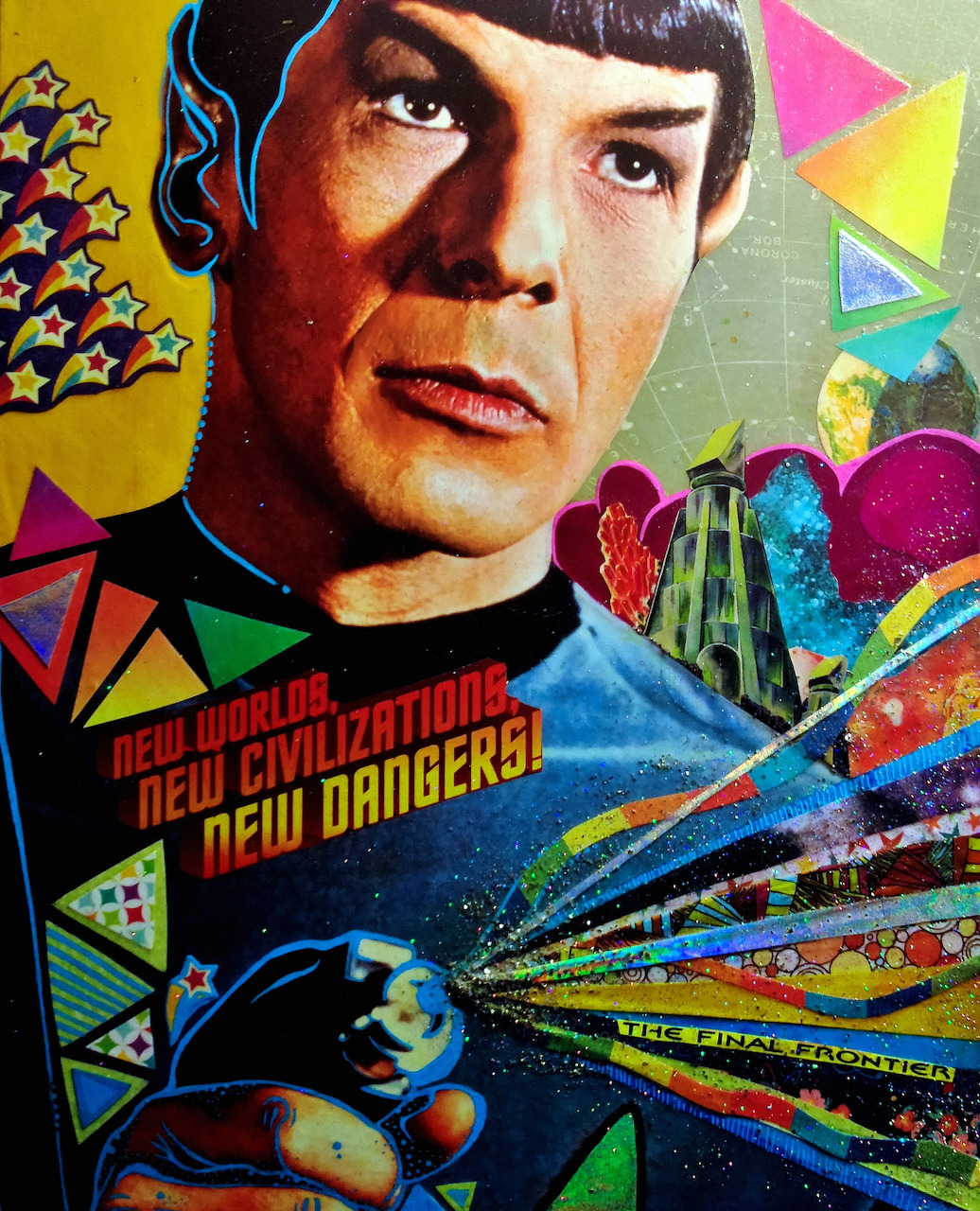 Pop art collage of Spock with geometric shapes, comic book elements, and colorful space-themed graphics