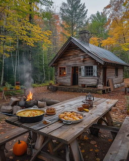 Rustic log cabin in autumn woods with picnic table, pumpkins, campfire, and fall foliage
