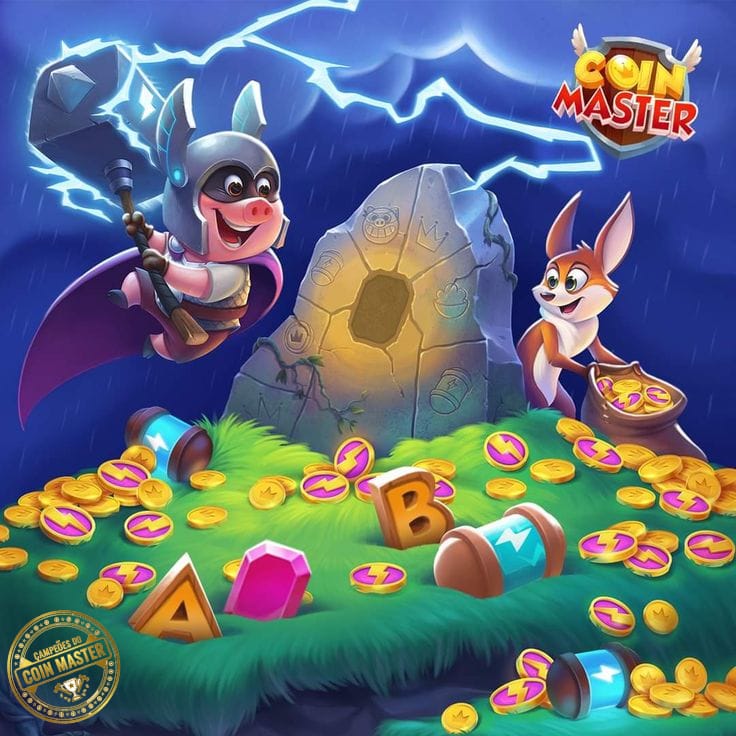 Cartoon masked character and fox with treasure coins around a glowing stone under a stormy sky
