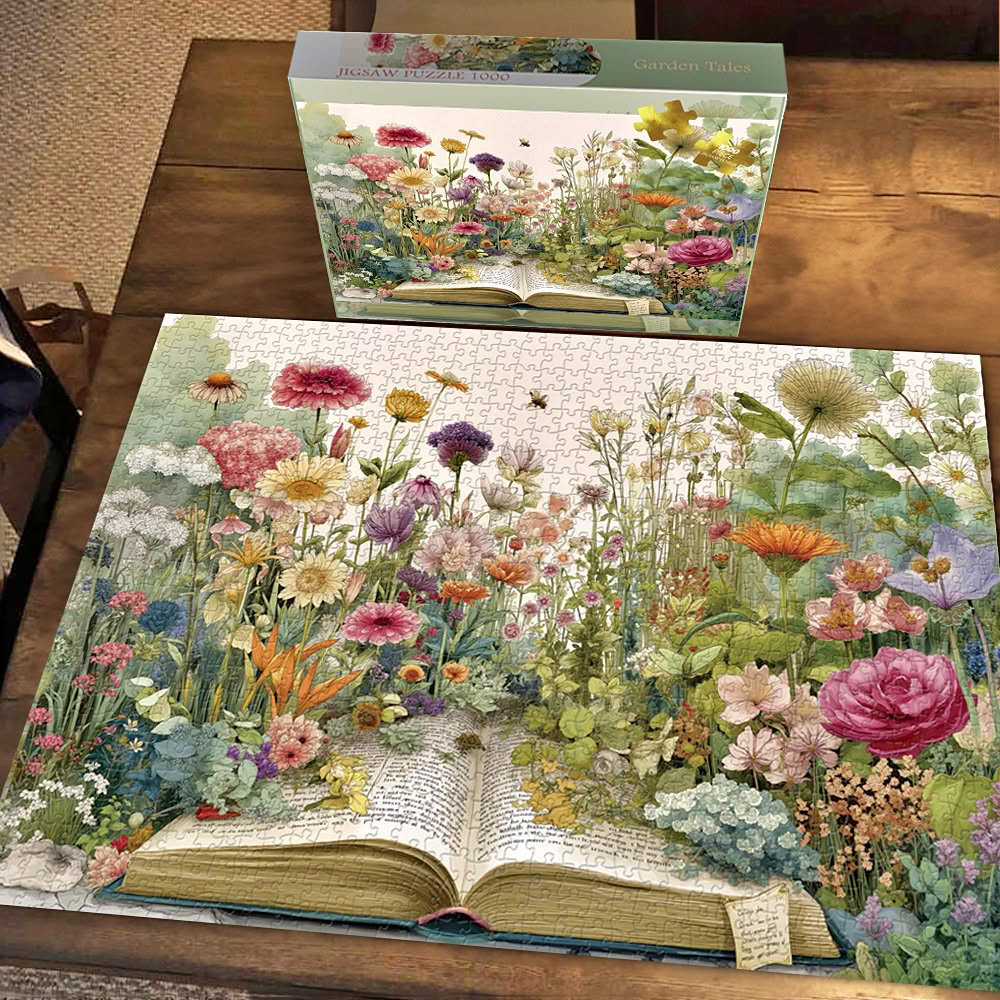 Completed puzzle and box showing colorful flowers growing from an open book on a wooden table