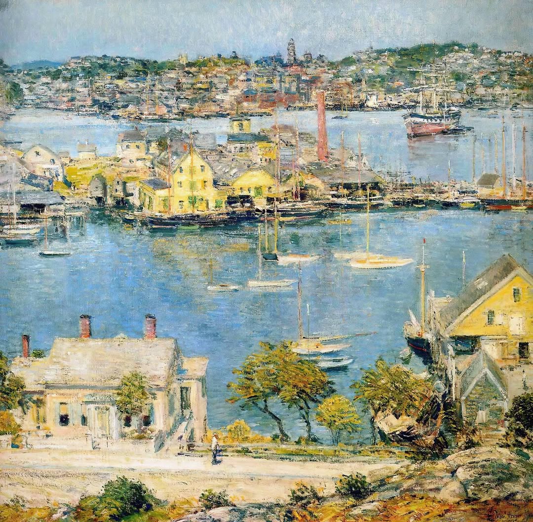 Impressionist painting of Gloucester Harbor with sailboats, waterfront houses, and a church spire across the bay