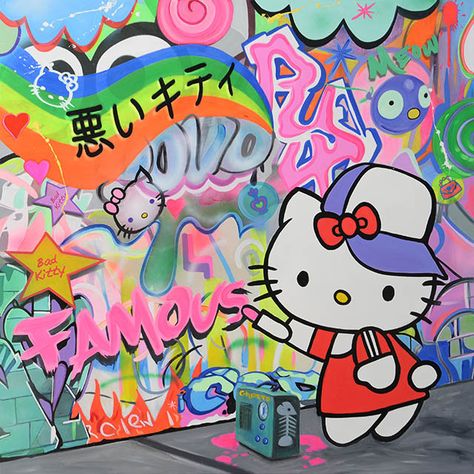 Hello Kitty character in front of colorful graffiti wall with rainbow and pop art designs