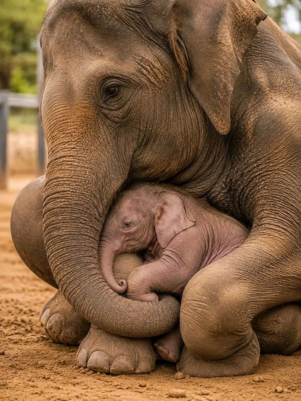 Mother elephant cradling a small pink newborn baby elephant between her trunk and legs