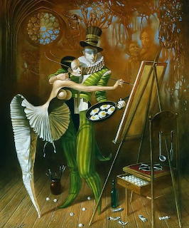Surreal painting of a blindfolded artist in green stripes at an easel with a ballerina leaning on him