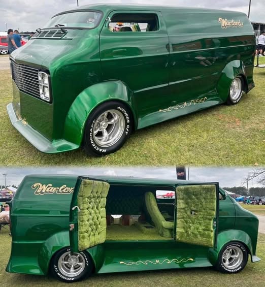 Custom green van with modified interior at car show
