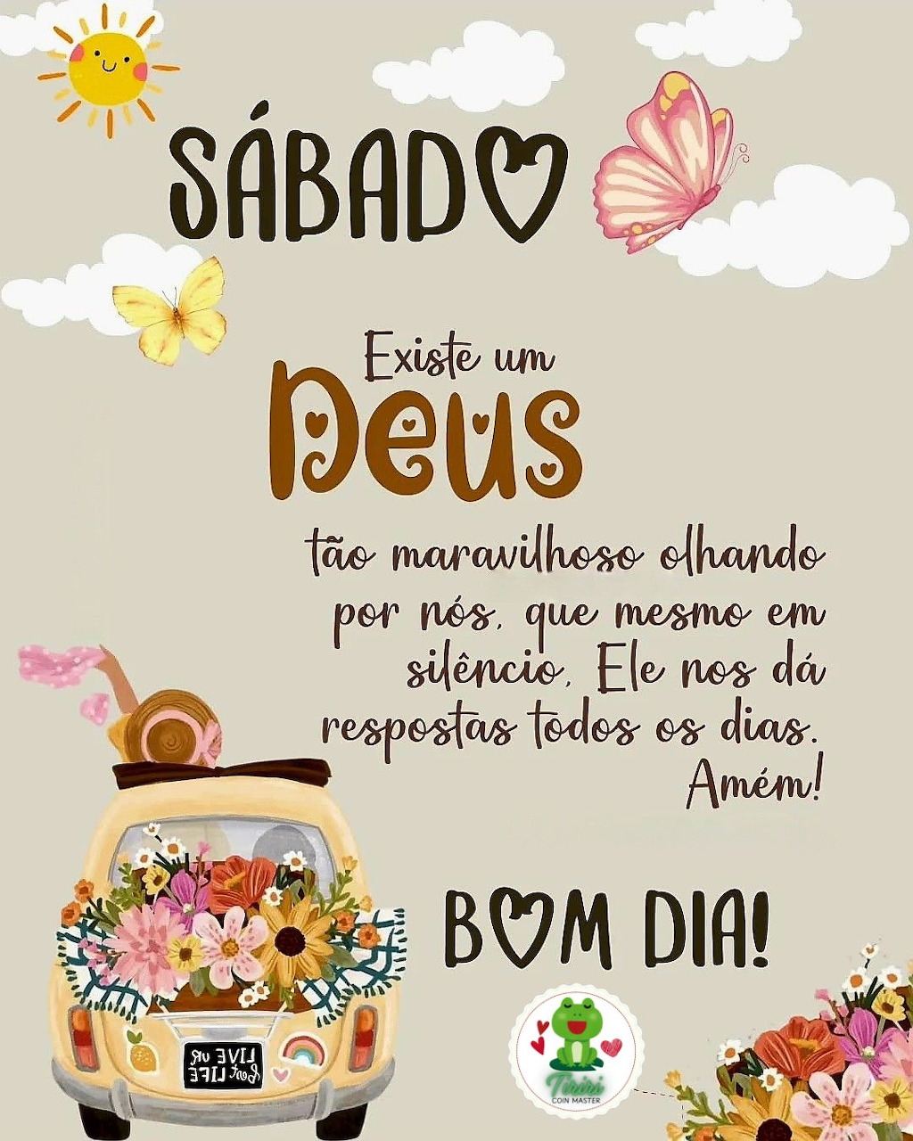 Saturday blessing card with vintage van filled with flowers, butterflies, sun and Portuguese inspirational text