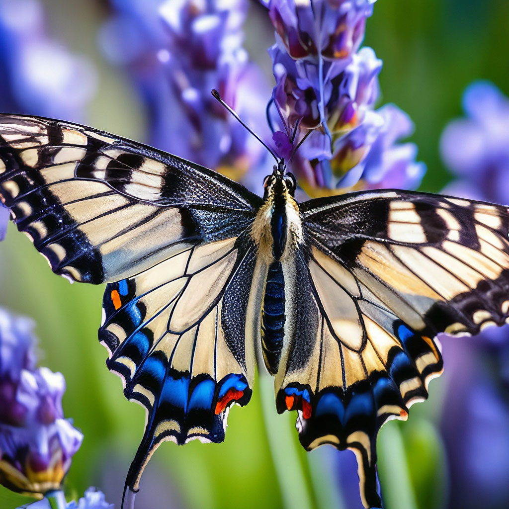 Swallowtail butterfly with spread wings perched on purple lavender blooms