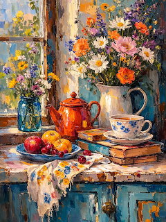 Oil painting of flowers in vase with teapot, teacup, books and fruit on weathered blue table near window