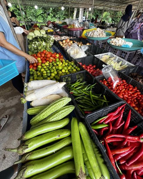 Colorful Thai market vegetable stand with fresh produce displayed in rows