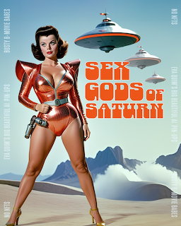 Retro sci-fi pulp poster with woman in red space outfit, flying saucers, and alien desert landscape