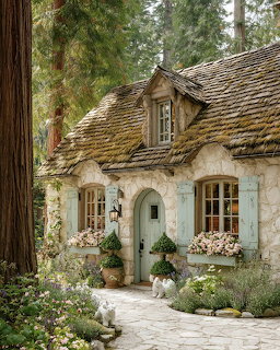 Stone cottage with moss-covered roof in forest, arched door, windows with flowers, garden path