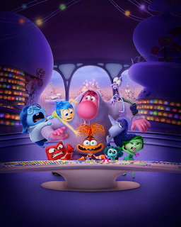 Colorful emotion characters from Inside Out 2 standing together in their control center with glowing shelves