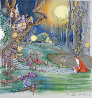 Fantasy illustration showing fox, gnomes, and fairies in moonlit enchanted forest with treehouses and glowing lights