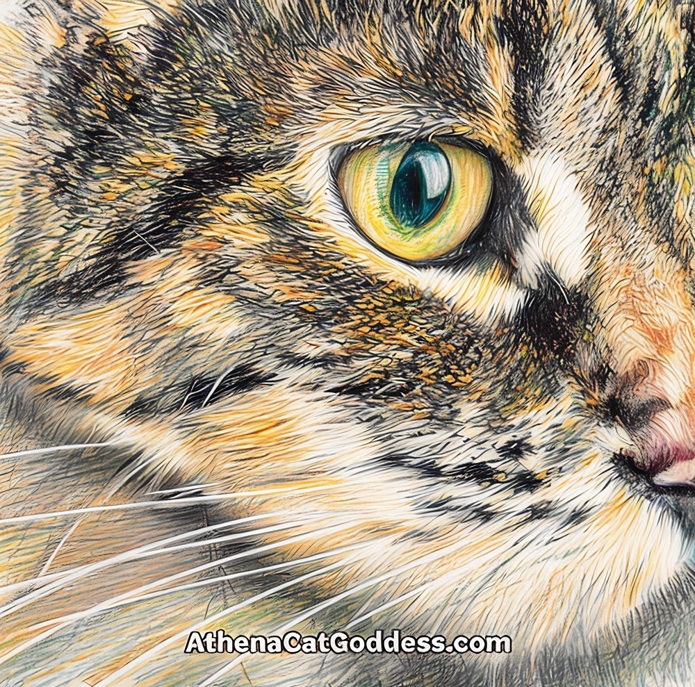 Close-up of tabby cat face showing yellow-green eye, striped fur pattern, and white whiskers