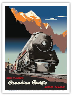 Vintage poster of a Canadian Pacific steam train with mountains in the background