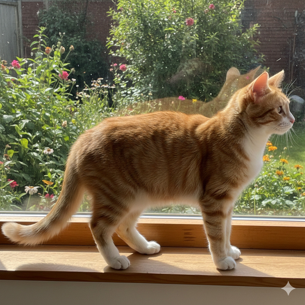 Orange and white tabby cat standing on a windowsill beside a garden view