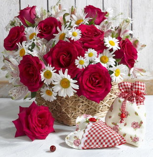 Basket of red roses and white daisies with gingham ribbon and cottage decor on white wooden background