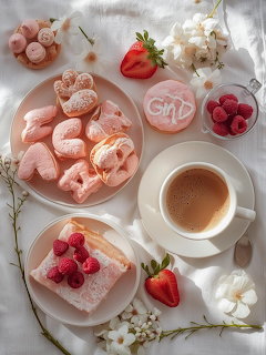 Flat lay of pink French pastries, berries, coffee cup and white flowers arranged on white cloth