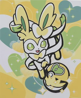 Yellow Sylveon Pokémon character illustration with green accents and ribbon-like feelers on pastel background