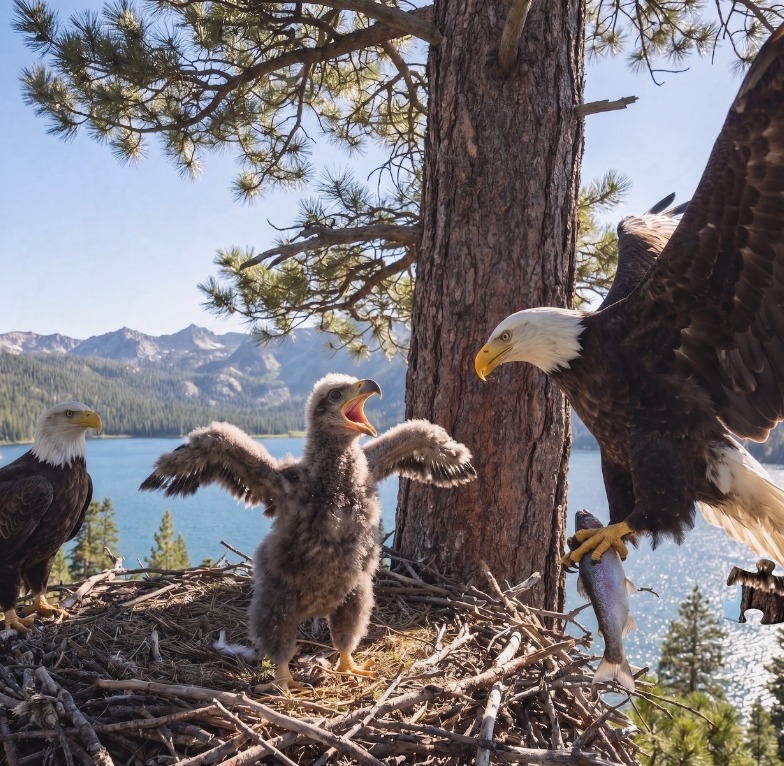 Two bald eagles with eaglet in treetop nest above mountain lake